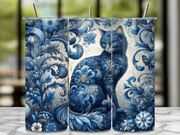 Download Blue Willow Floral Cat Art Tumbler Wrap - Premium Resources