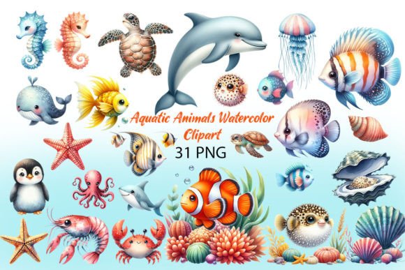 Download Aquatic Animals Watercolor Clipart - Animal Collection